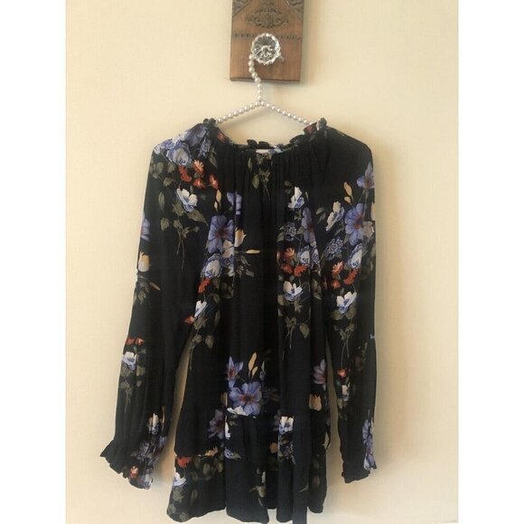 American Eagle Outfitters Size S Black Floral Tunic Top Boho Ruffles Long Sleeve - Picture 5 of 7